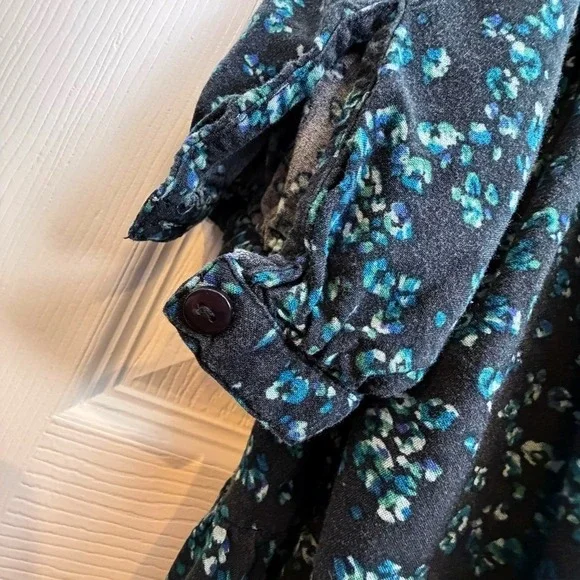 Downeast Floral Mini Dress Black Blue Tie Neck XL Cottagecore Modest Casual - Picture 7 of 7